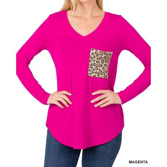 NEW ZENANA vneck leopard pocket long sleeve top in magenta - Picture 1 of 1